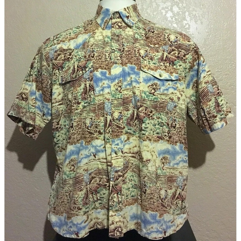 Moda Tech Mens Large Horse Bull Riding Rodeo Short Sleeve Western Cowboy Shirt L